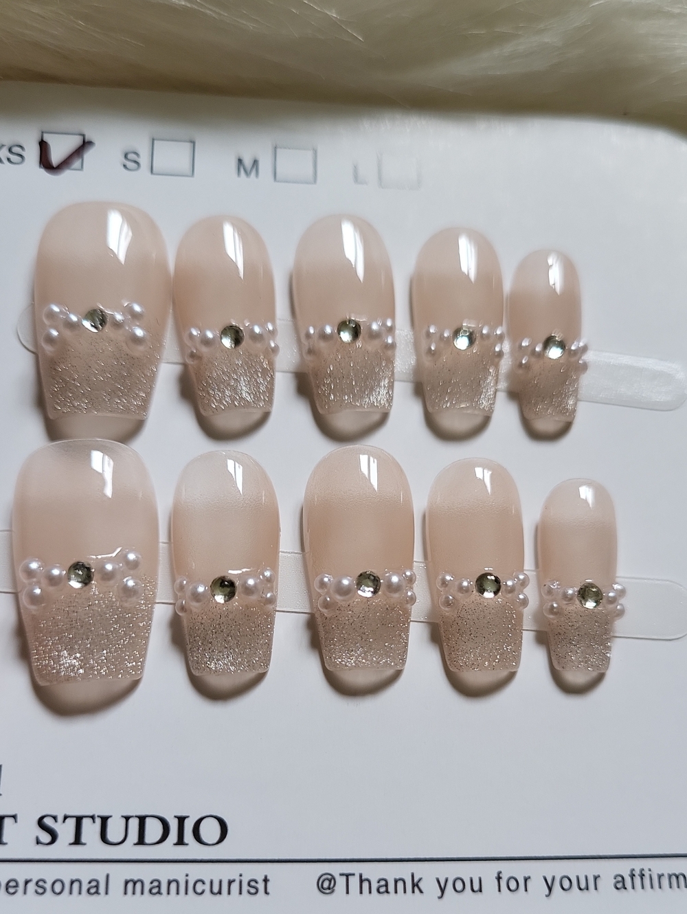 (XS)🎀Handmade Nail French Pink Stiletto Round Style w/Pearl Bows Press On Nails